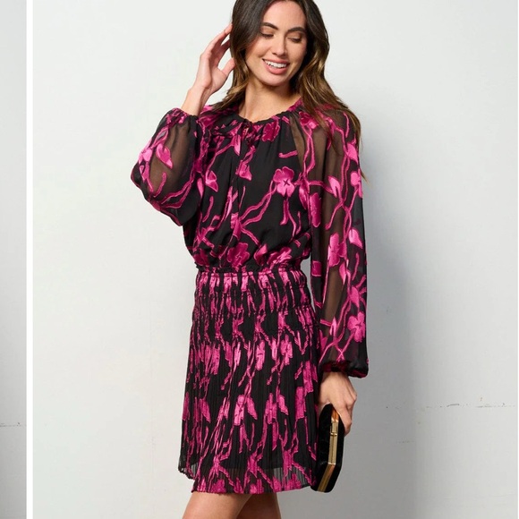 women’s long sleeve flower print, black and pink dress - Picture 2 of 6
